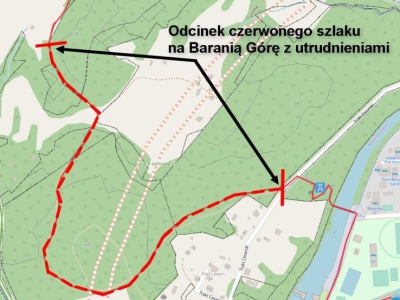 Czasowe utrudnienia na czerwonym szlaku prowadzącym z Węgierskiej Górki na Baranią Górę  - zdjęcie1